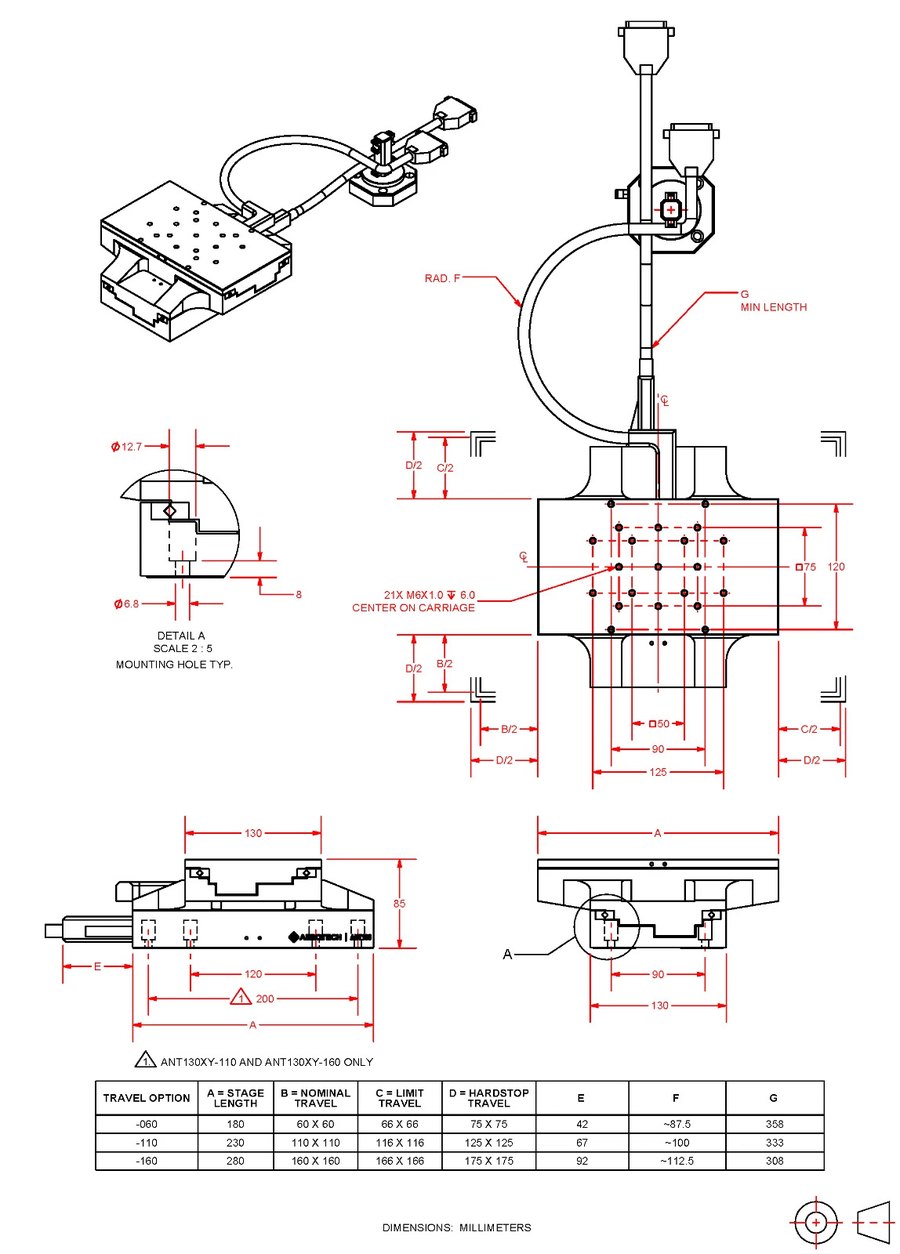Aerotech ANT130-XY dimensional drawing, plan and elevation views