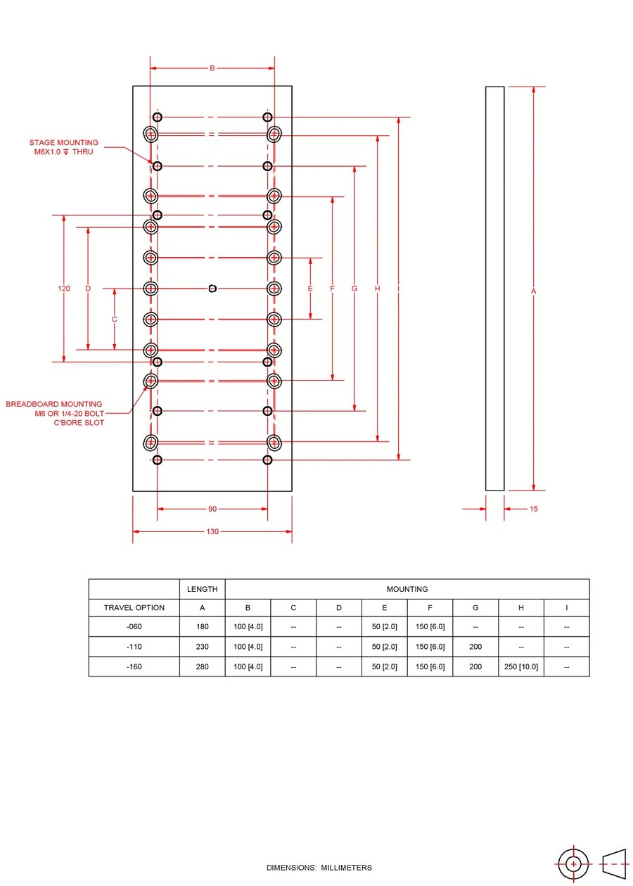 Aerotech ANT130-XY dimensional drawing, mounting and tabletop hole patterns