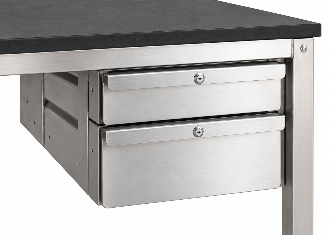 Close view of the two locking stainless steel drawers
